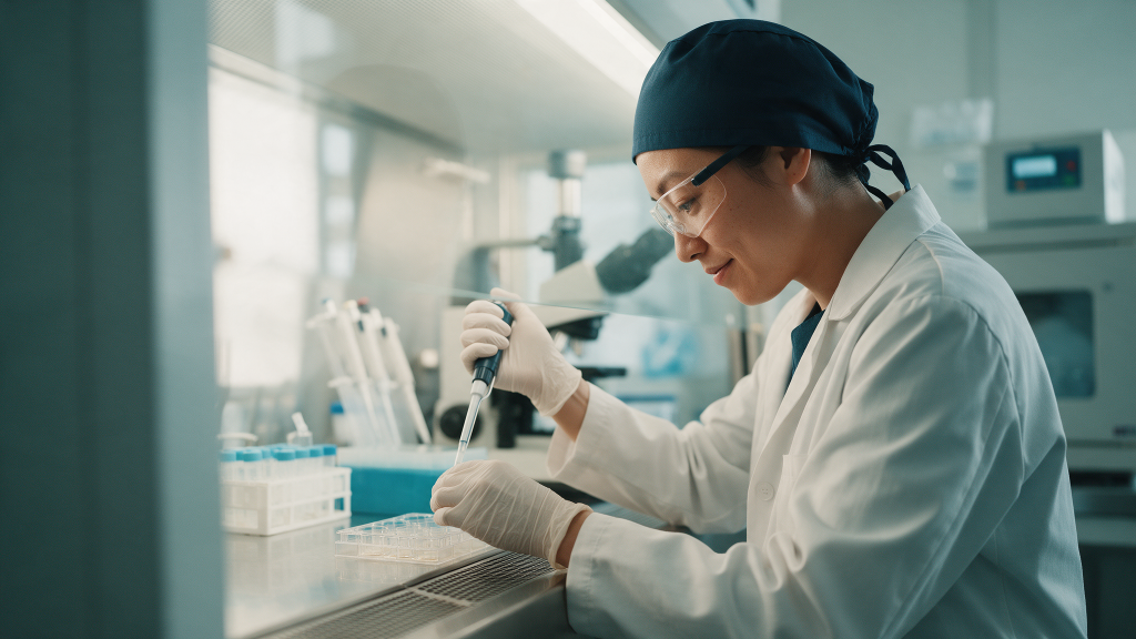 Researcher in gloves pipetting into a multi-well plate at a lab biosafety cabinet for angiogenesis research.