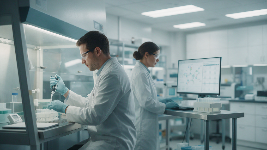 Researcher pipetting into a multi‑well plate at a biosafety cabinet; monitors show endothelial networks (angiogenesis research).