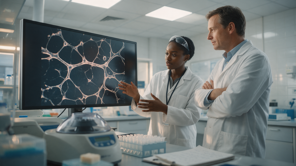 Two scientists reviewing branched endothelial tube formation assay images on a lab monitor.