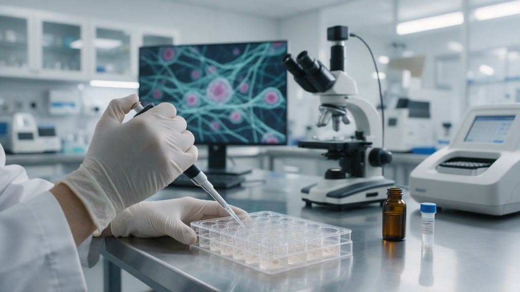 Gloved researcher pipetting samples into fibroblast cell cultures in an in-vitro laboratory used for extracellular matrix research.