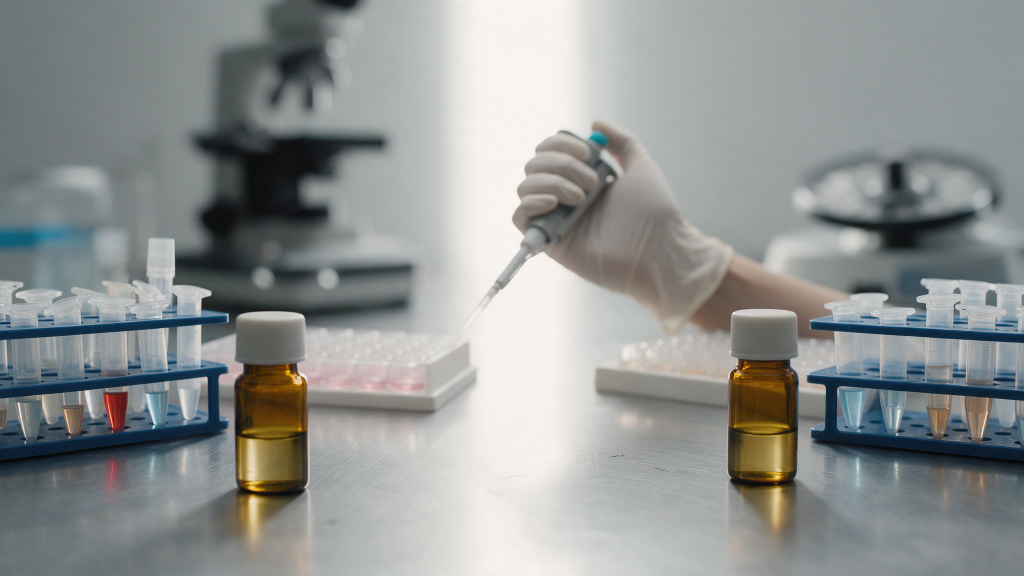 Two in-vitro laboratory workstations side by side, each with a research peptide vial, culture plate and tube rack, used to compare BPC-157 and TB-500 in laboratory models.