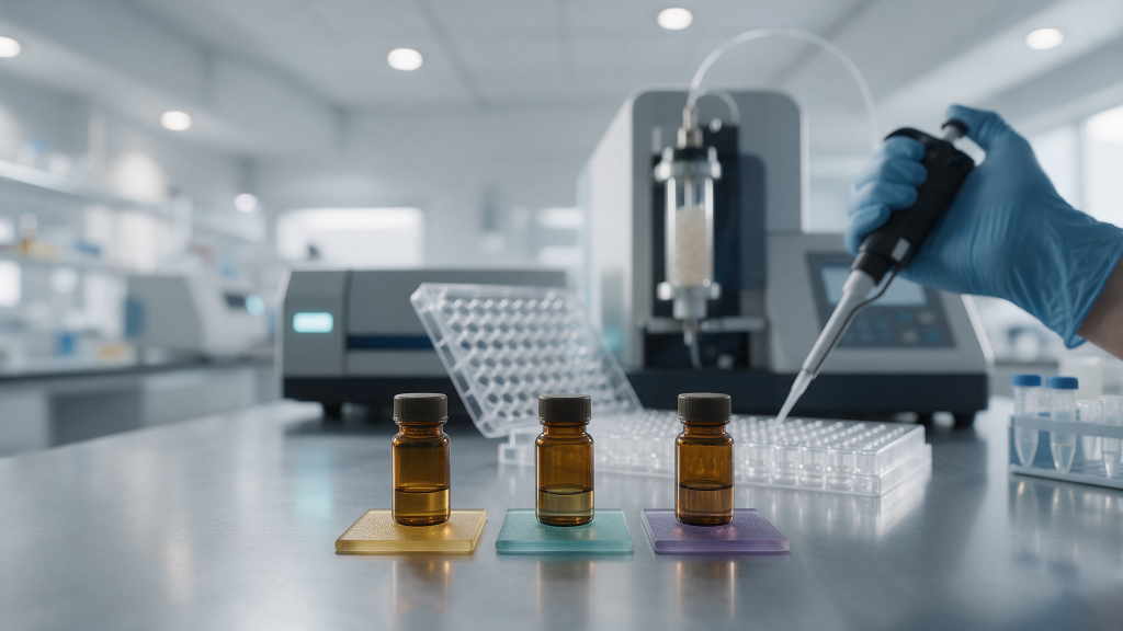 Three amber vials and an assay plate on an in-vitro laboratory bench used to compare IGF-1 LR3, IGF-1 DES and MGF in growth factor research models.