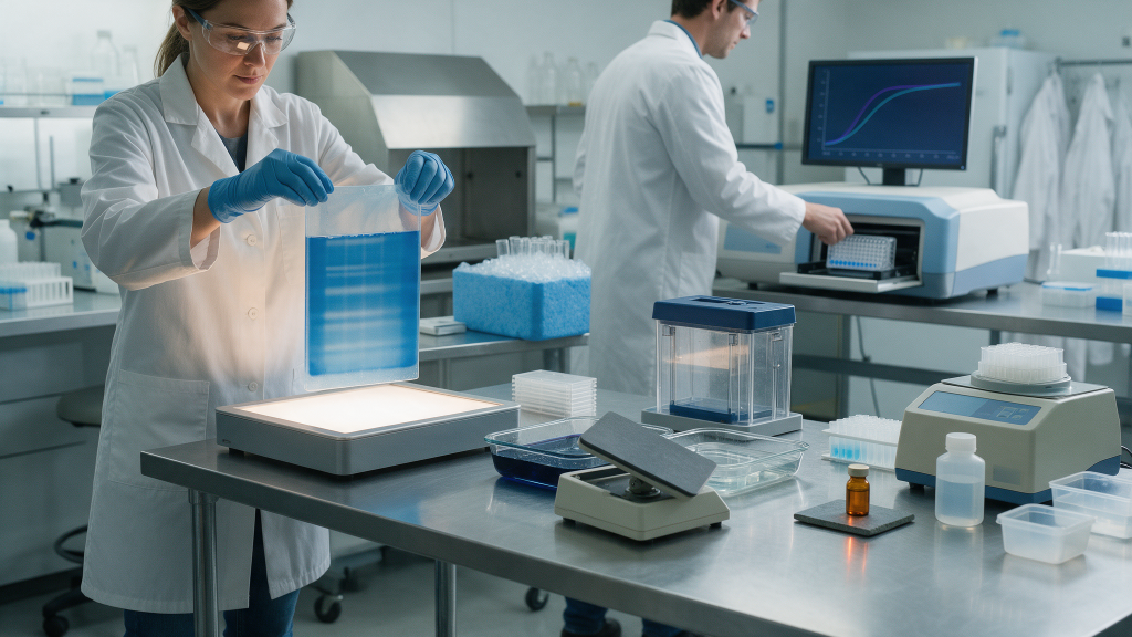 Two researchers in lab coats at a biosafety cabinet: one pipetting into a multi‑well plate while the other reviews pathway diagrams on a monitor; benchtop lab equipment visible.