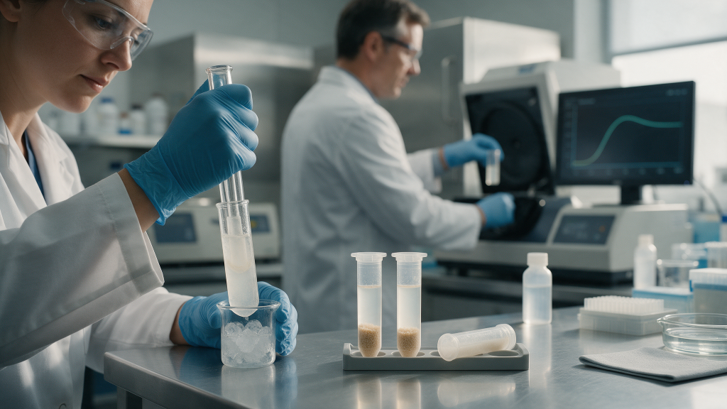 A researcher pressing a glass tissue homogeniser over ice beside centrifuge tubes showing a pale tan mitochondrial pellet, with a colleague loading a cuvette into a fluorescence spectrophotometer.