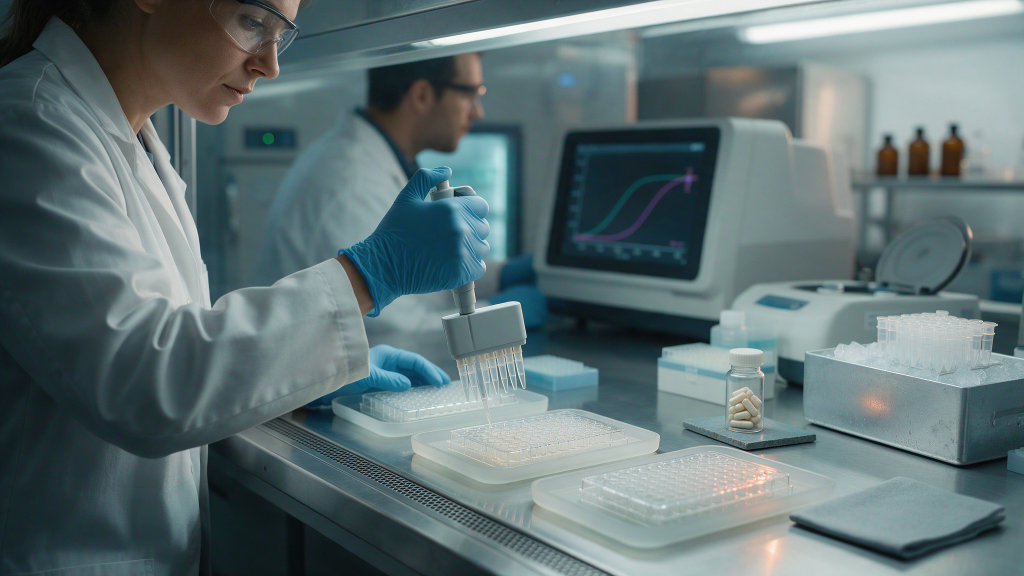 A researcher loading three parallel multiwell assay plates on a laboratory bench beside a chilled block of tubes and a plain vial of research-use capsules.
