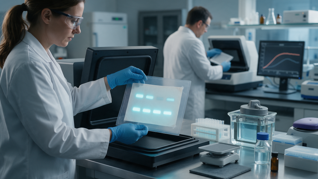 A researcher lowering a protein blot membrane in a clear folder into a chemiluminescence imaging instrument, showing a varying upper row of bands above a steady lower row, beside a transfer tank and rocking platform.