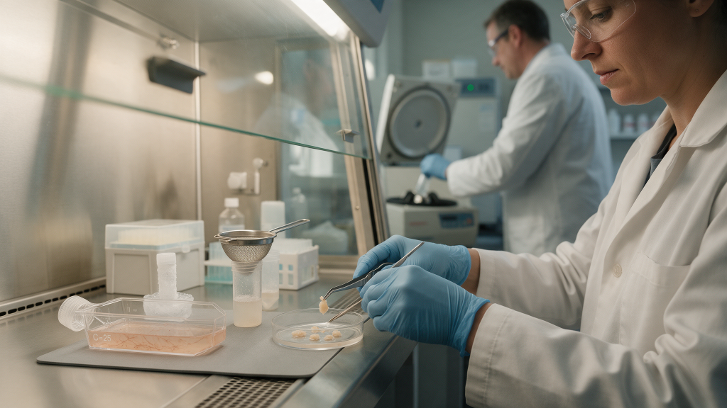 A researcher dividing a small tissue fragment with fine dissecting instruments beside a fine-mesh cell strainer and a frosted cryovial on ice in a cell culture laboratory.
