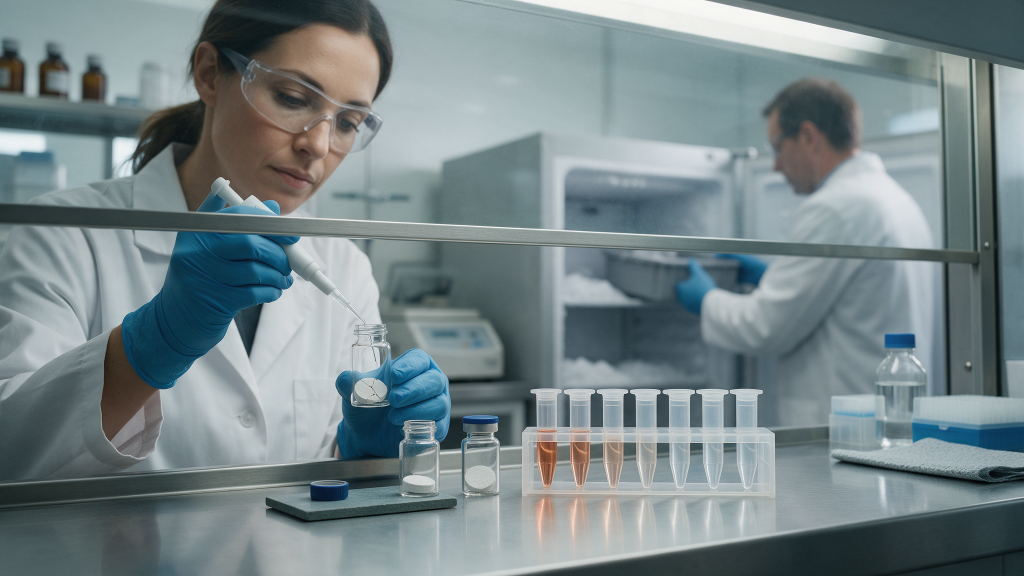 A researcher adding sterile solvent to a lyophilised powder cake in a glass vial inside a laminar flow cabinet, beside a graduated row of eight tinted tubes showing a concentration series.
