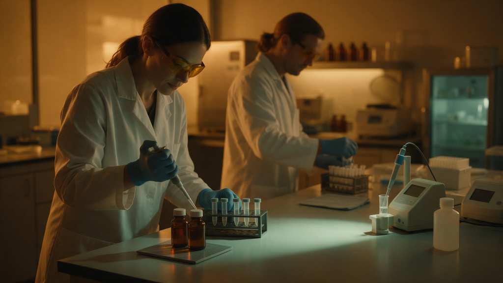 A researcher drawing reconstituted copper-peptide solution from an amber vial into a row of microcentrifuge tubes under amber safelight, beside a bench pH meter and a colleague sealing aliquots.