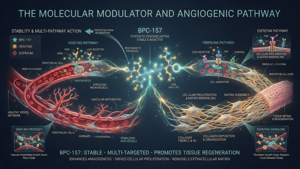 Detailed infographic titled "The Molecular Modulator and Angiogenic Pathway" illustrating a stylized vascular network on the left, a central BPC-157 signaling/network schematic, and extracellular matrix and collagen remodeling on the right; includes labeled pathway elements such as VEGF/NO, EGFR/FAK, MMP activity, and notes about promoting angiogenesis and tissue repair.