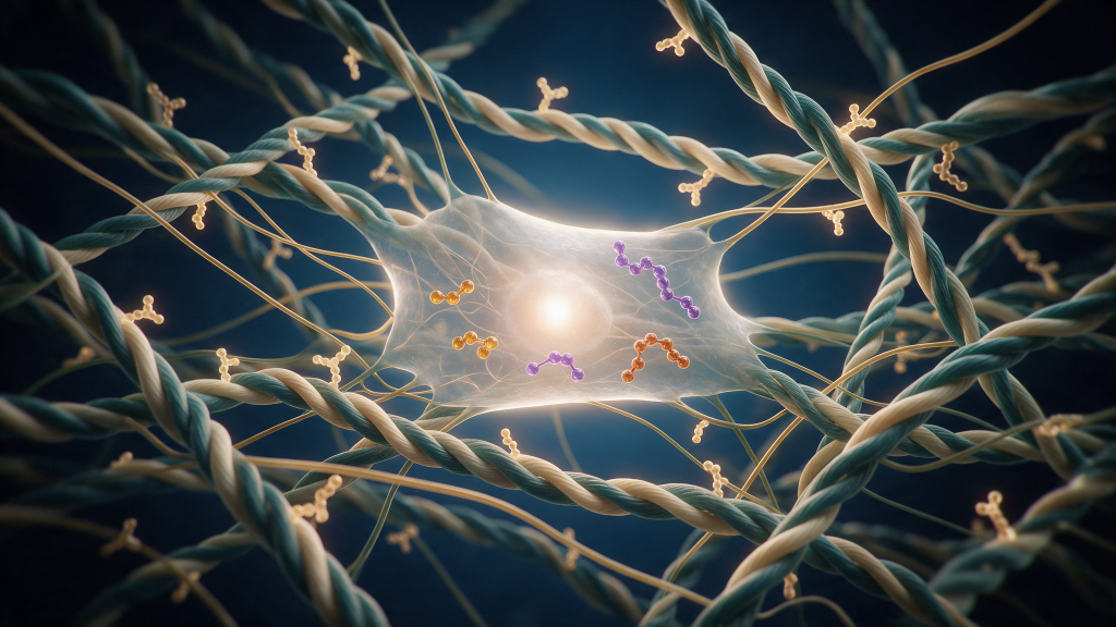3D illustration of collagen fibres, elastin filaments, and synthetic regenerative peptide chains interacting with a fibroblast cell in the extracellular matrix.