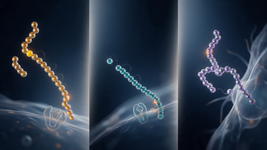 3D illustration comparing the structures of IGF-1 LR3, IGF-1 DES and MGF as bead-chain peptide sequences with differing N-terminal features.
