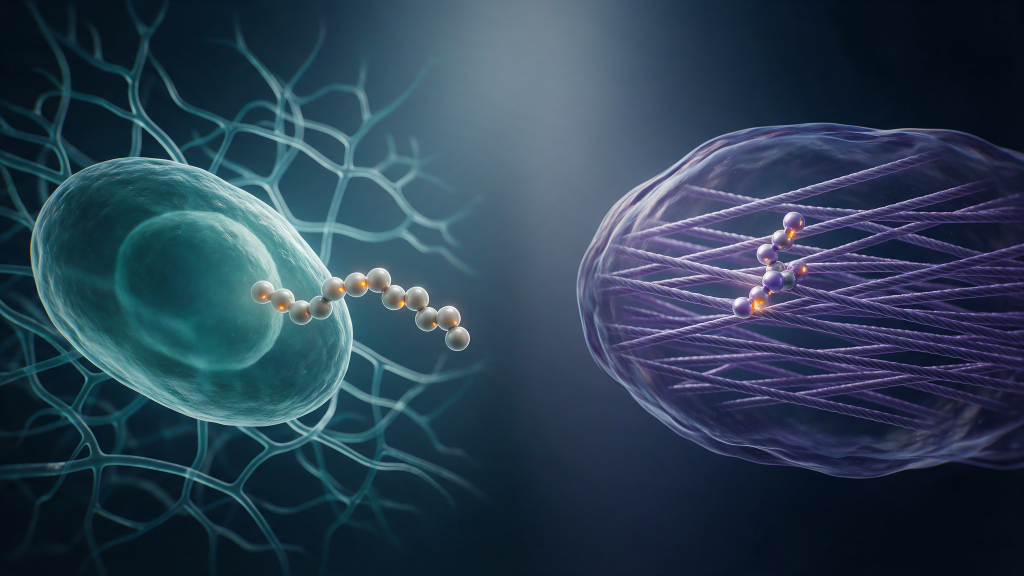 3D illustration comparing BPC-157 signalling pathway themes with TB-500 actin-binding mechanism themes in separate research models.