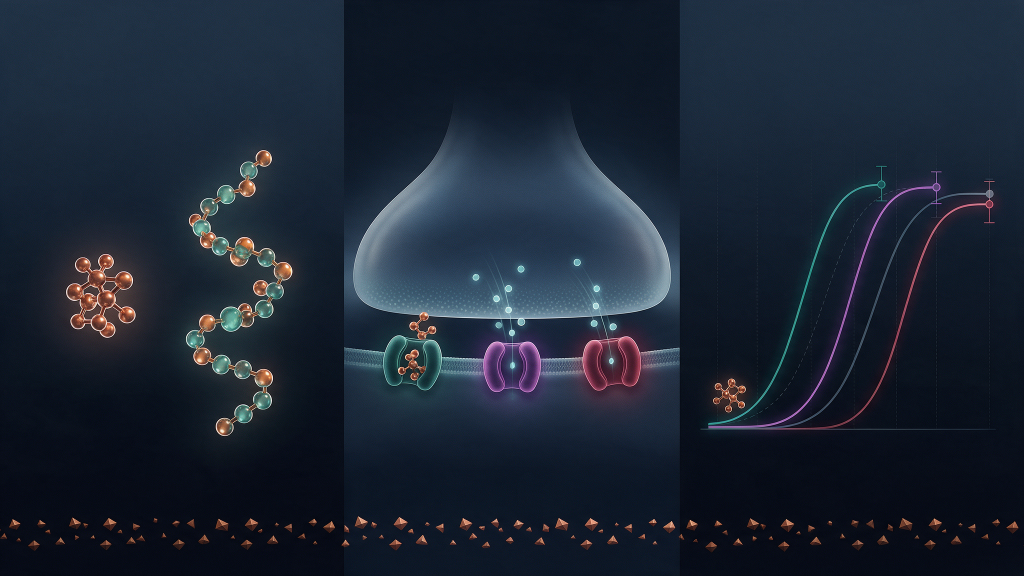 Schematic comparing a compact small molecule with a bead-chain peptide, showing a transporter blocked by a small molecule in a presynaptic reuptake diagram, and three parallel sigmoid curves for three transporter targets.