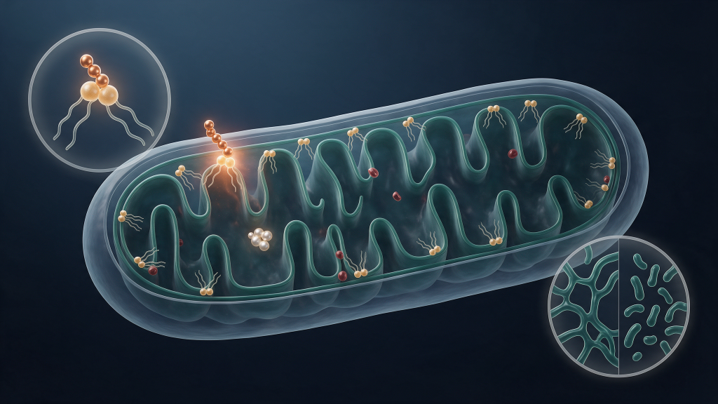 A cutaway illustration of a mitochondrion showing folded inner membrane cristae, cardiolipin molecules with two head groups and four tails, a four-bead peptide docked onto one cardiolipin, and cytochrome c at the membrane surface.