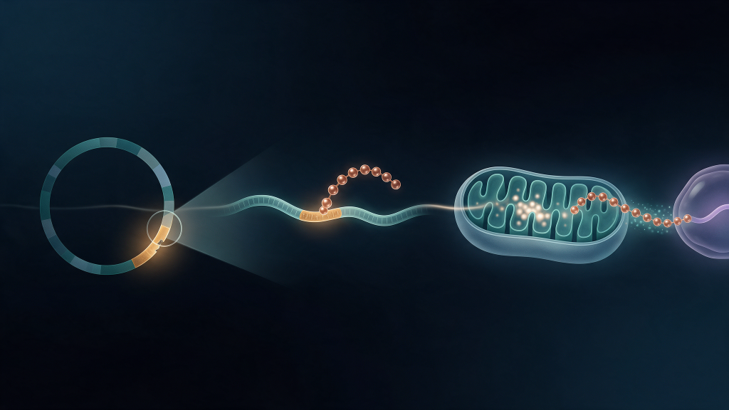 A schematic showing a circular mitochondrial genome with one highlighted region, a magnified strand with a shorter segment nested inside it, and a copper bead-chain peptide passing out of a mitochondrion toward a nucleus.