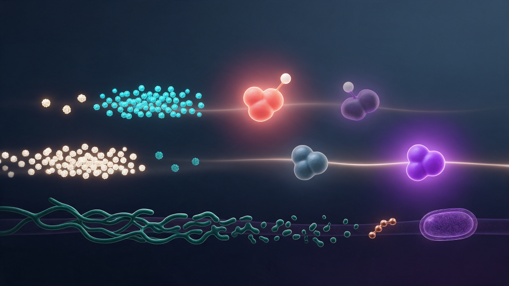 A schematic comparing a low-energy state and an energy-replete state, showing AMP and ATP populations, a phosphorylated and an unphosphorylated AMPK complex, an inhibited and an active mTOR complex, and a mitochondrial network progressively fragmenting.