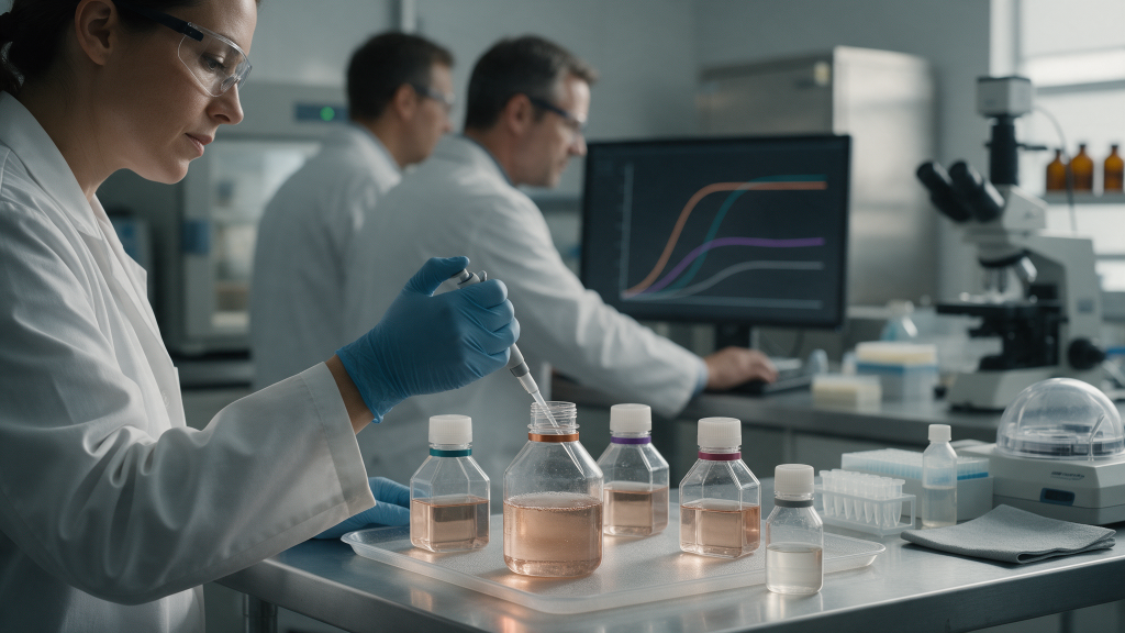 A researcher adding medium to a larger central culture flask ringed in copper, surrounded by three component flasks ringed in teal, violet and rose, beside a vehicle control flask in grey.