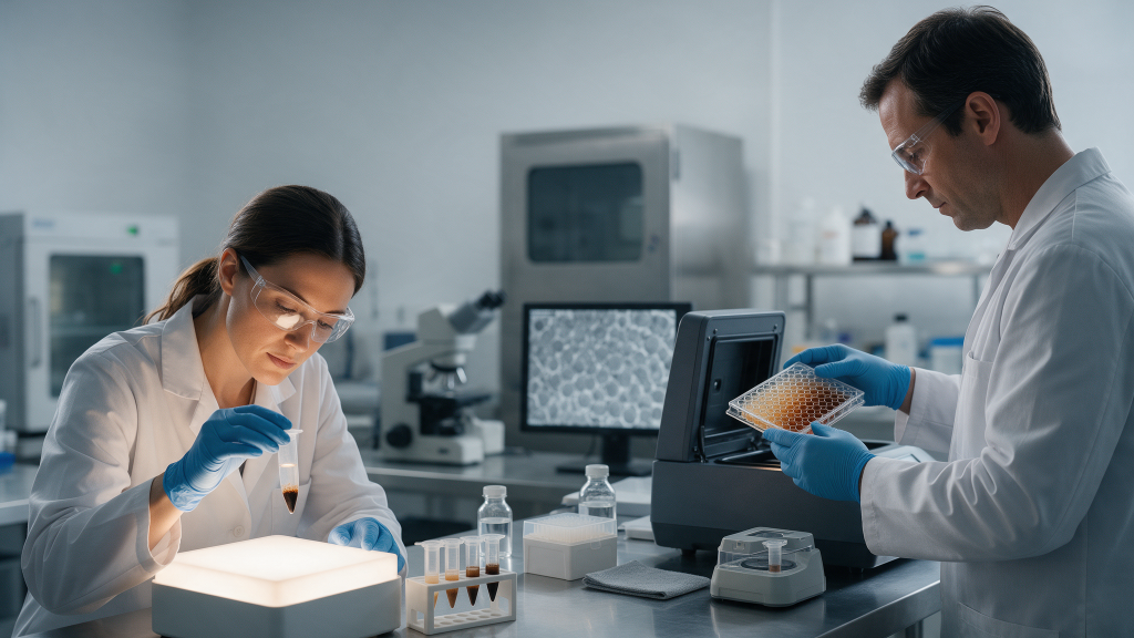 A researcher examining a pigmented melanin preparation in a light box beside a graded series of centrifuged pellets and a pigmented multiwell plate being loaded into a plate reader.