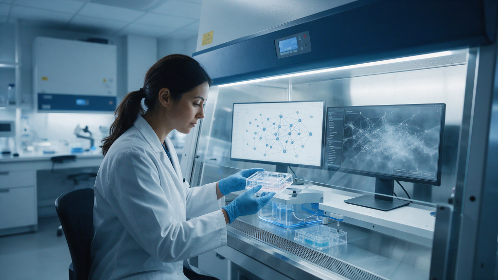 Researcher in gloves looking at a multi-well plate in a biosafety cabinet with monitors showing network and cell images.