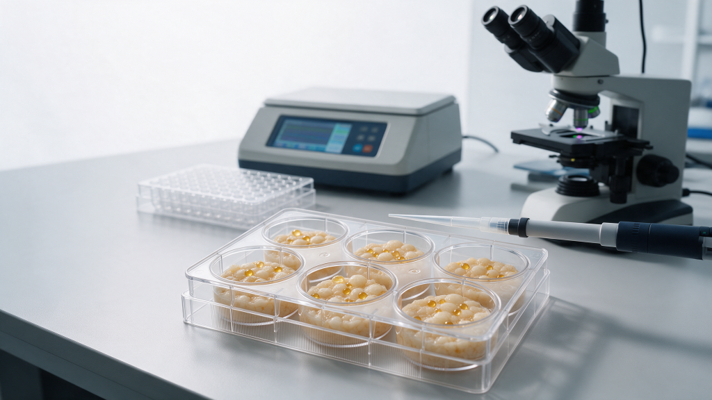 A researcher switching culture medium in a biosafety cabinet beside two flasks showing undifferentiated spindle-shaped pre-adipocytes and differentiated adipocytes containing lipid droplets.