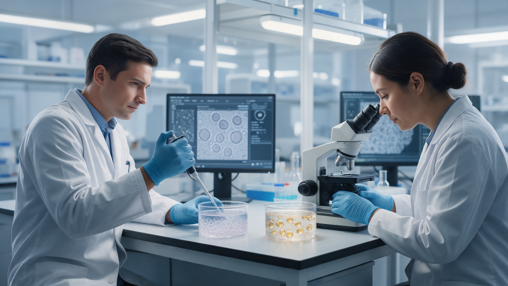 Two researchers examining a stained multiwell plate of lipid droplets and loading a microplate reader with supernatant samples in an in-vitro adipocyte endpoint laboratory.