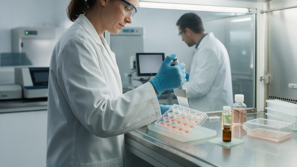Two researchers in a cell culture laboratory pipetting medium into a fibroblast culture flask beside an inverted microscope and multi-well plates.
