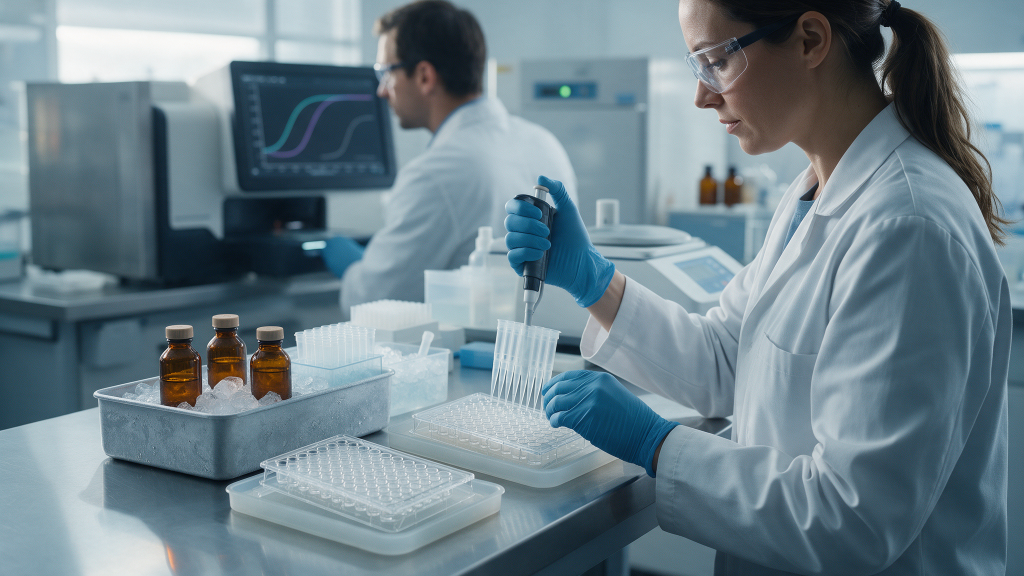 Two researchers in an in-vitro pharmacology laboratory loading a 96-well assay plate and reading results, with three amber vials representing Cagrilintide, Mazdutide and Survodutide research materials.