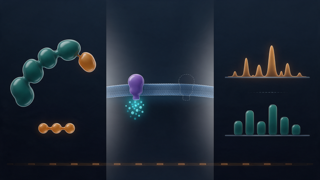 Schematic showing a full-length growth hormone molecule with one isolated fragment region, a knock-out comparison of a receptor present and absent, and two independent verification methods on the same sample.