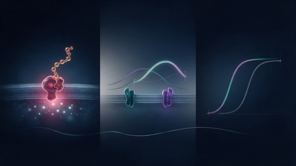 Three-panel schematic showing Cagrilintide activating one GLP-1 receptor, Survodutide activating GIP and GLP-1 receptors, and Mazdutide activating GIP, GLP-1 and glucagon receptors.